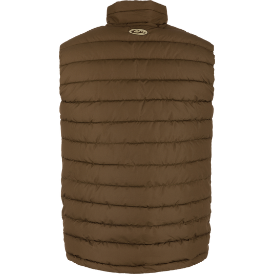 LST Double Down Layering Vest showcasing its insulated chest, back, shoulders, and microfleece-lined collar for warmth and comfort. Features reverse-coil zippers and adjustable drawcord waist.