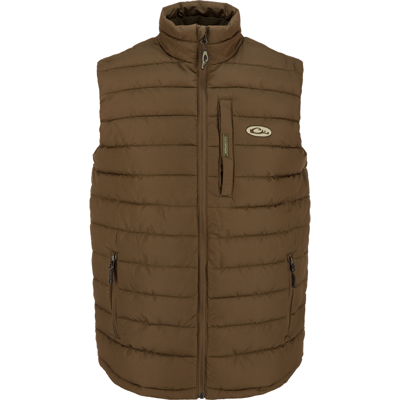 LST Double Down Layering Vest with zippered pockets, elastic cuffs, and microfleece-lined collar for comfort and warmth.