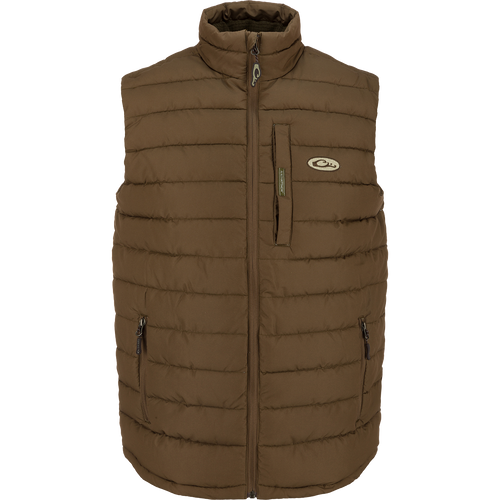 LST Double Down Layering Vest with zippered pockets, elastic cuffs, and microfleece-lined collar for comfort and warmth.