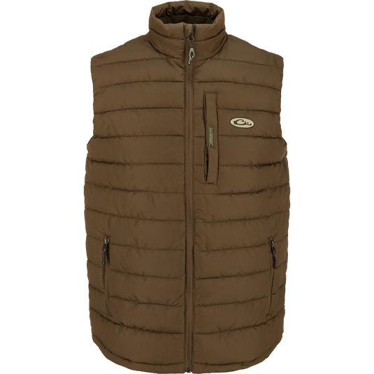 LST Double Down Layering Vest with zippered pockets, elastic cuffs, and microfleece-lined collar for comfort and warmth.