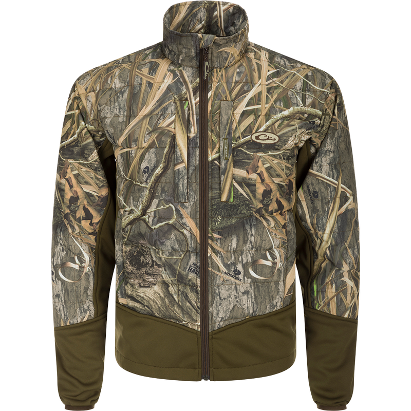 Alt text: LST Double Down Endurance Hybrid Liner camouflage jacket featuring synthetic down insulation, elastic cuffs, and zippered pockets.