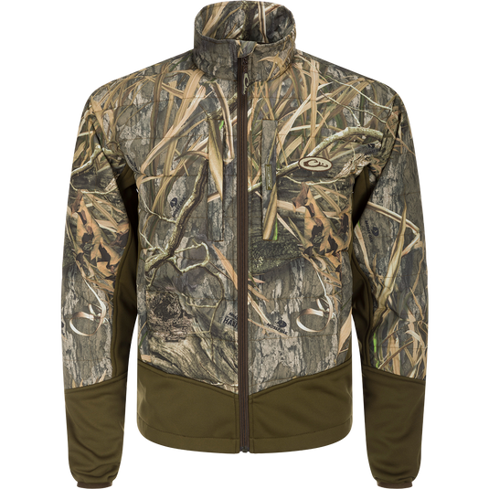 Alt text: LST Double Down Endurance Hybrid Liner camouflage jacket featuring synthetic down insulation, elastic cuffs, and zippered pockets.