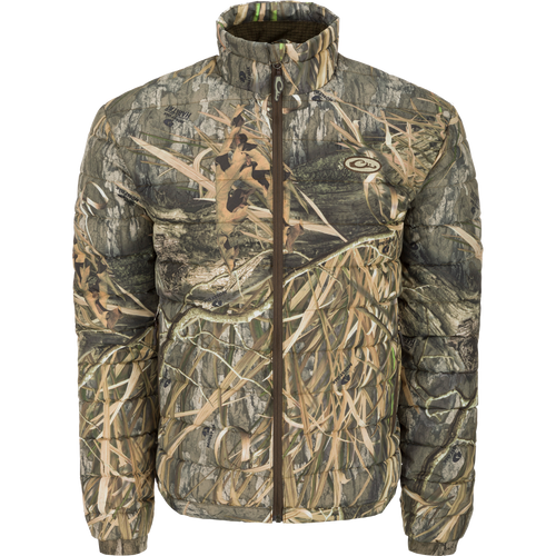 Camouflage LST Double Down Layering Full Zip jacket featuring a matte-finish fabric, reverse-coil zippers, zippered pockets, and microfleece-lined collar for warmth and comfort.