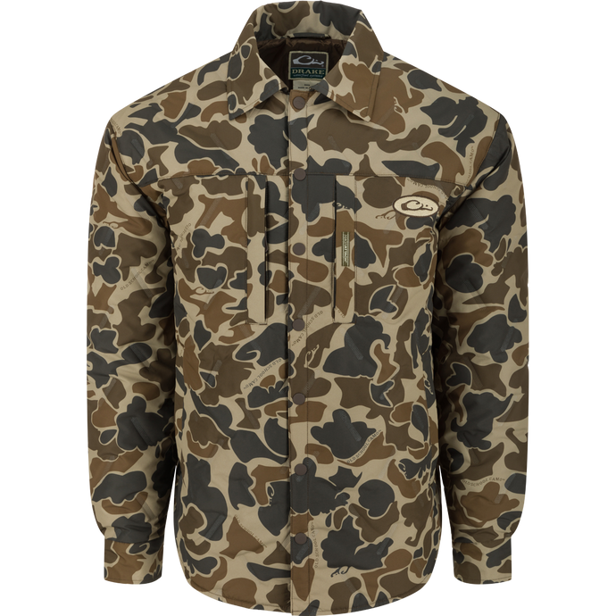 undefined: LST Double Down Jac-Shirt - Camouflage jacket with a fabric pattern, collar, button, and logo.