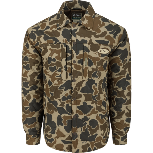 undefined: LST Double Down Jac-Shirt - Camouflage jacket with a fabric pattern, collar, button, and logo.