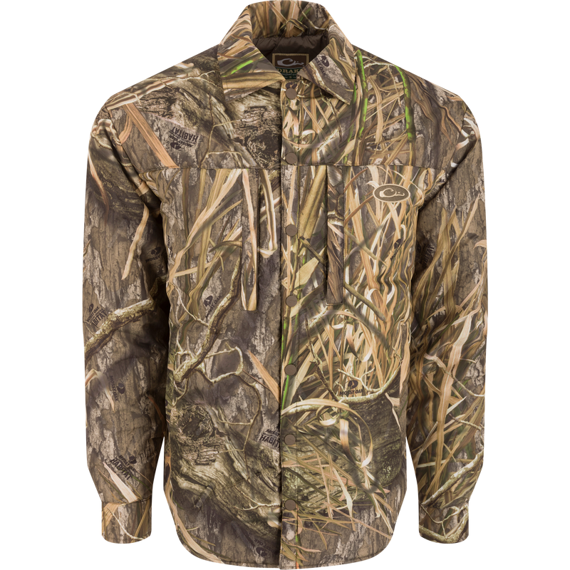 LST Double Down Jac-Shirt with camouflage pattern, featuring a button-down design, upper chest pockets, and water-resistant fabric, ideal for variable hunting conditions.