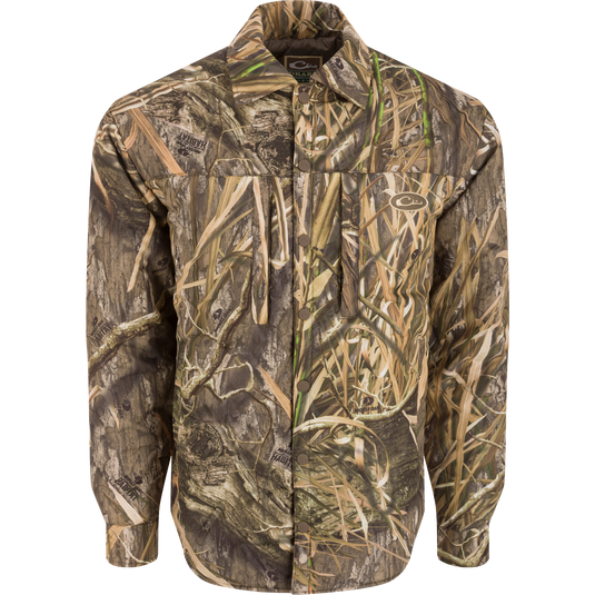 LST Double Down Jac-Shirt with camouflage pattern, featuring a button-down design, upper chest pockets, and water-resistant fabric, ideal for variable hunting conditions.