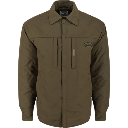 LST Double Down Jac-Shirt: a close-up of a logo on a jacket, a button on a jacket, outerwear with collar, sleeve, fabric, and pocket.