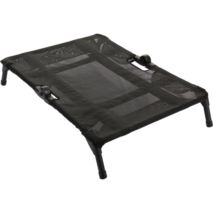 Gun Dog Cot with steel frame, aluminum legs, and vinyl-coated polyester mesh; foldable design for easy storage and travel.