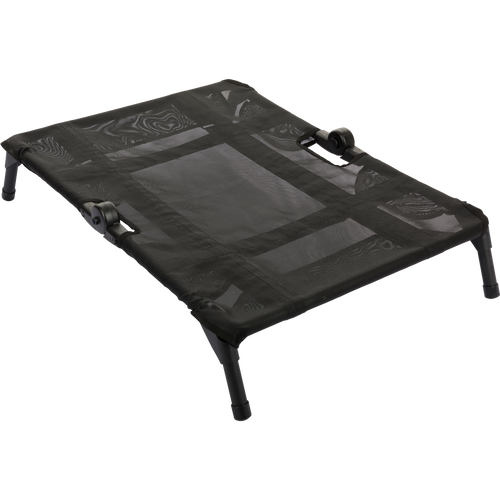 Gun Dog Cot with steel frame, aluminum legs, and vinyl-coated polyester mesh; foldable design for easy storage and travel.