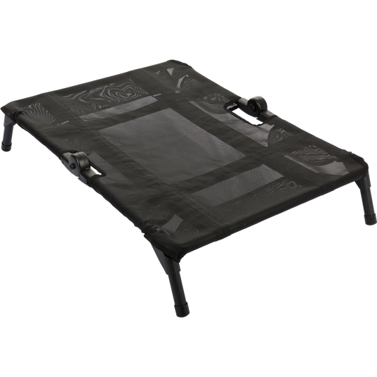 Gun Dog Cot with steel frame, aluminum legs, and vinyl-coated polyester mesh; foldable design for easy storage and travel.