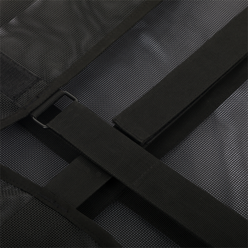 Close-up of the Gun Dog Cot's black fabric, highlighting its durable, weather-proof vinyl-coated polyester mesh.