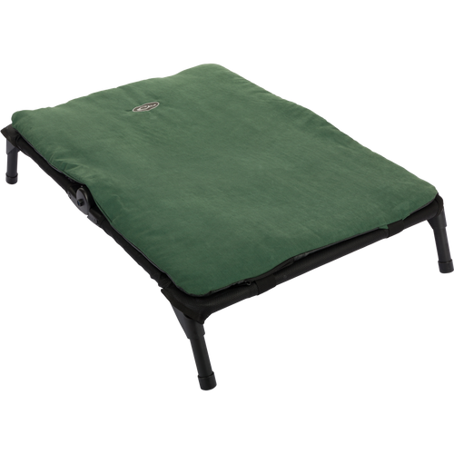 Gun Dog Cot with steel frame and aluminum legs, featuring vinyl-coated polyester mesh for durability, shown in a folded position.