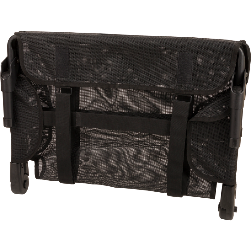 Gun Dog Cot with black mesh and wheels, featuring a sturdy steel frame, aluminum legs, and foldable design for easy travel and storage.