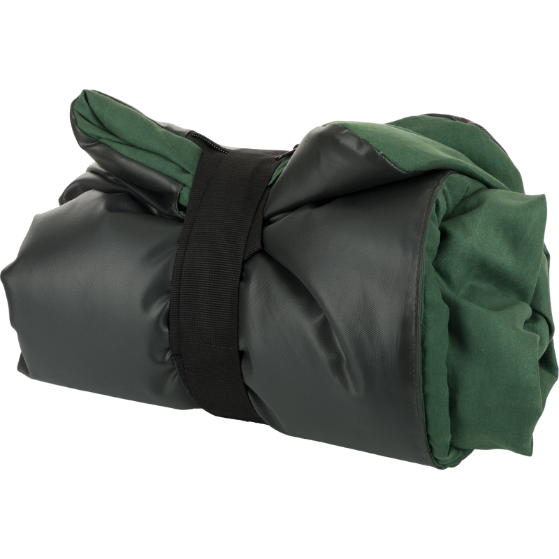 Gun Dog Bed Roll Pad with black Velcro straps, designed for outdoor use, featuring a durable waterproof bottom and comfortable microfiber top for dogs.