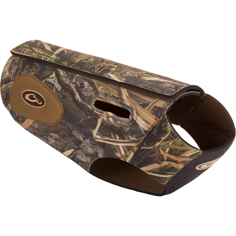 Drake Neoprene Dog Vest featuring camouflage design, built-in assist handles, customizable fit, and reinforced protection for sporting dogs.