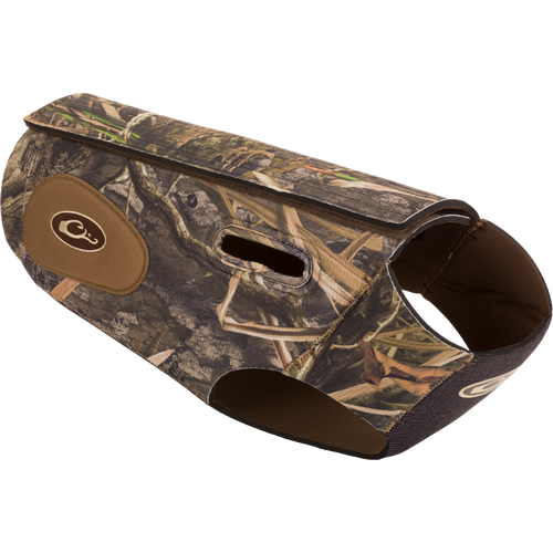 Drake Neoprene Dog Vest featuring camouflage design, built-in assist handles, customizable fit, and reinforced protection for sporting dogs.