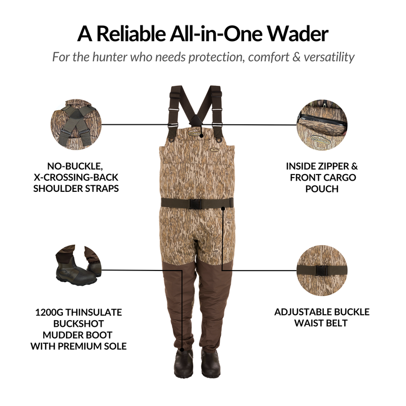 Insulated Breathable Chest Wader with Sewn-in Liner featuring camouflage pattern, front cargo pouch, and X-Crossing-Back Shoulder Straps, designed for hunting durability and comfort.