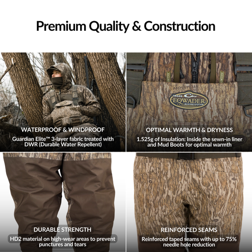 Insulated Breathable Chest Wader with Sewn-in Liner, featuring camouflage design, backpack, and durable construction for hunting protection and comfort.