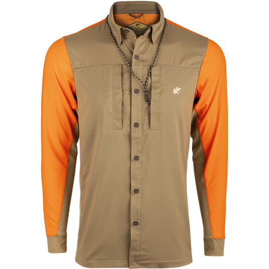 McAlister EST Performance Hybrid Upland Shirt featuring orange long sleeves, woven front, 4-way stretch mesh sides, and zippered chest pocket for versatile outdoor comfort.