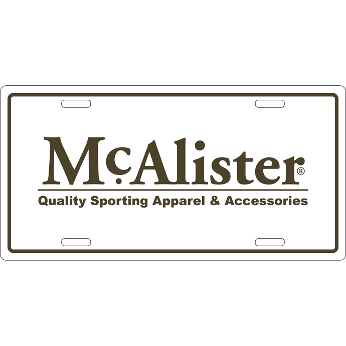 McAlister License Plate: White rectangular sign with bold black text and border, featuring the McAlister brand logo, made of cast aluminum.