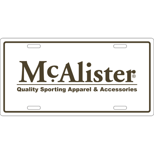 McAlister License Plate: White rectangular sign with bold black text and border, featuring the McAlister brand logo, made of cast aluminum.