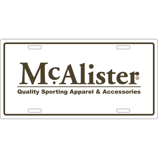 McAlister License Plate: White rectangular sign with bold black text and border, featuring the McAlister brand logo, made of cast aluminum.