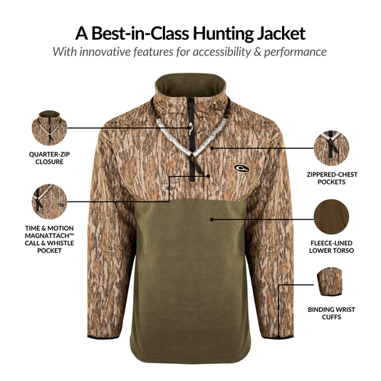 MST Quarter Zip Refuge Eqwader Jacket featuring waterproof upper, breathable lower, and patented design with Magnattach™ pocket and gusseted underarms for enhanced hunting comfort.