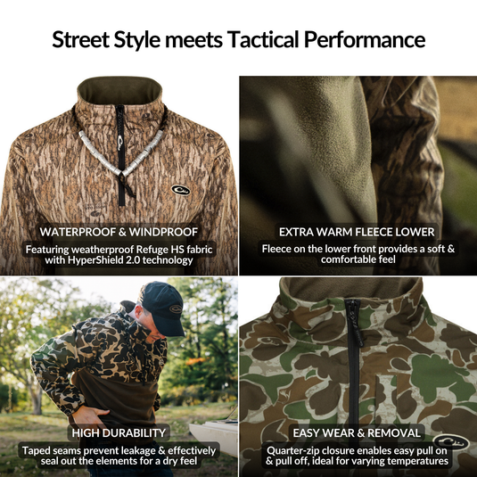 MST Quarter Zip Refuge Eqwader Jacket featuring camouflage design, showcases patented waterproof and breathable fabrics, ideal for waterfowl hunting with innovative call and whistle pocket.