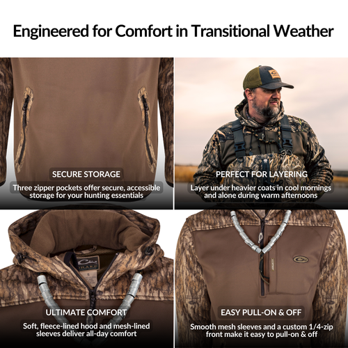 MST Endurance Soft Shell Hoodie with quarter-zip neck, fleece-lined hood, Magnattach™ pocket, and zippered lower pockets, designed for enhanced mobility and hunting practicality.