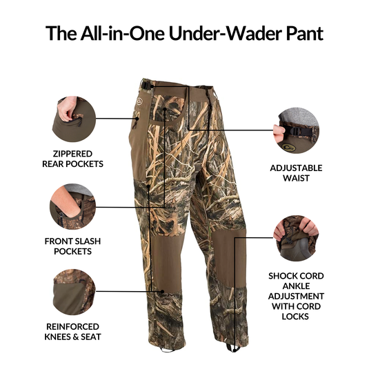 Close-up of MST Jean Cut Fleece-lined Under Wader Pant 2.0, highlighting camouflage design and durable features like reinforced knees, ideal for hunting.