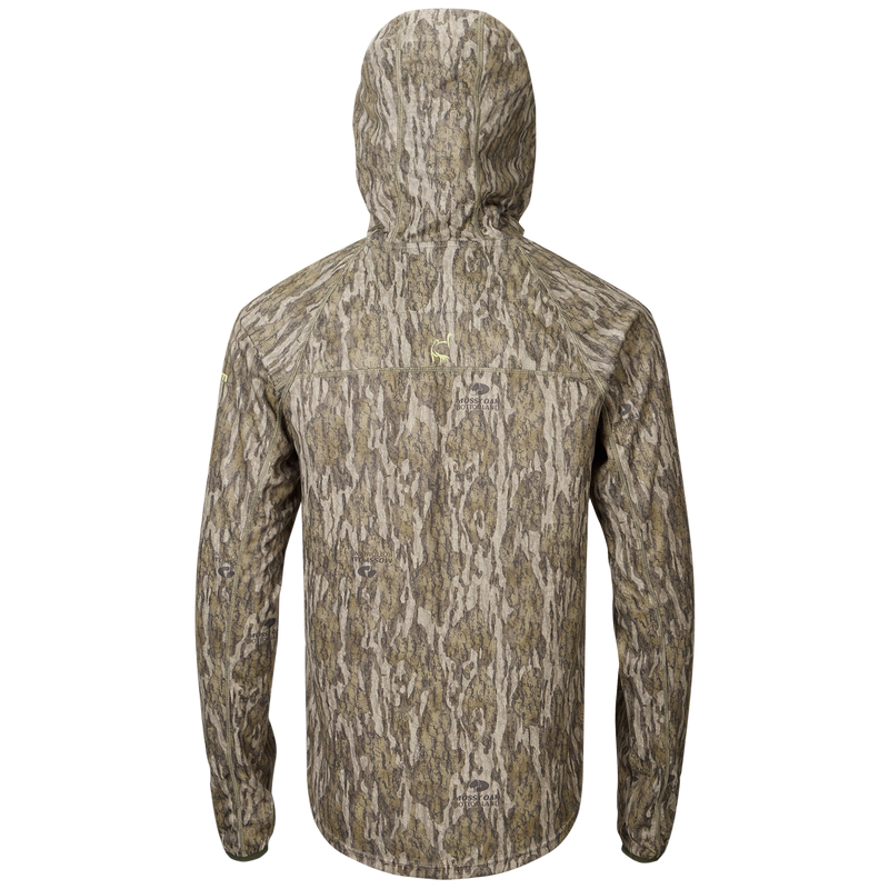 Back of Early Bird Gator Hoodie With Insect Repellent, featuring a hood, camouflage pattern, and visible zipper, designed for outdoor protection and comfort.