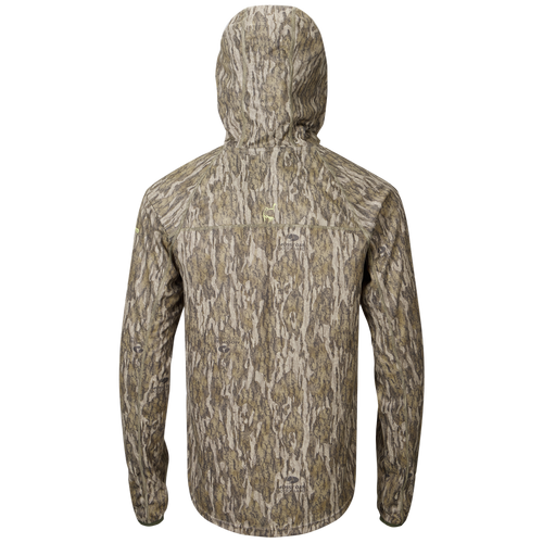 Back of Early Bird Gator Hoodie With Insect Repellent, featuring a hood, camouflage pattern, and visible zipper, designed for outdoor protection and comfort.