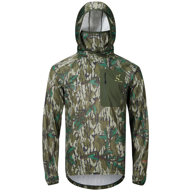 Early Bird Gator Hoodie with Insect Repellent featuring a camouflage design, hood, and water-resistant pocket, ideal for outdoor adventures and hunting protection.