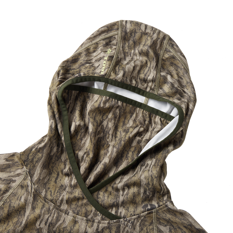 Hood of Early Bird Gator Hoodie with Insect Repellent featuring camouflage design, breathable facemask, and stretch pocket, ideal for outdoor adventures and hunting protection.