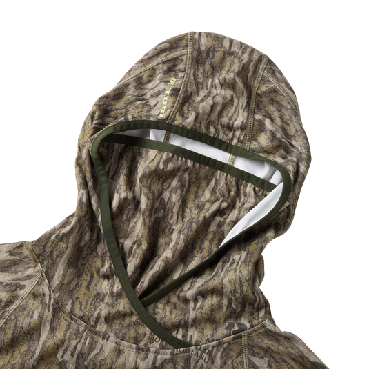 Hood of Early Bird Gator Hoodie with Insect Repellent featuring camouflage design, breathable facemask, and stretch pocket, ideal for outdoor adventures and hunting protection.