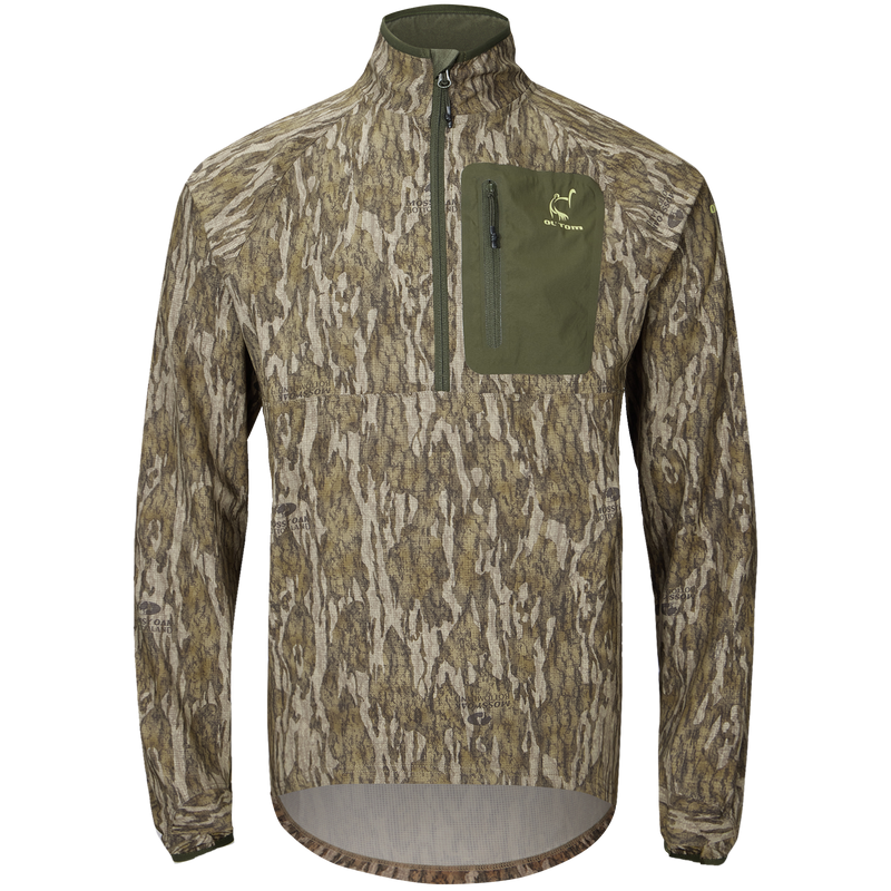 Half Zip Pullover with Spider Web Technology featuring a camouflage pattern, ergonomic thumbholes, and water-resistant chest pocket, ideal for hunting in varied conditions.