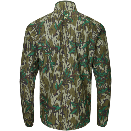 Half Zip Pullover with Spider Web Technology, featuring a camouflage pattern and ergonomic thumbholes, ideal for turkey hunting with its breathable, water-resistant fabric.