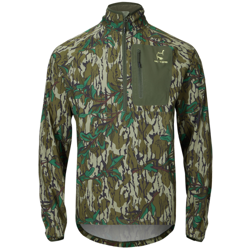 Half Zip Pullover with Spider Web Technology, featuring a camouflage pattern, zipper, and water-resistant chest pocket, designed for turkey hunting.