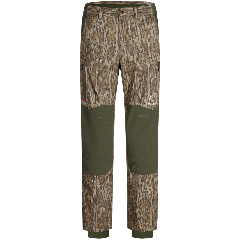 Early Bird Turkey Pant with Insect Repellent, featuring camouflage design, stretch waistband, cargo pockets, and reinforced knees, ideal for enhanced mobility and protection while hunting.