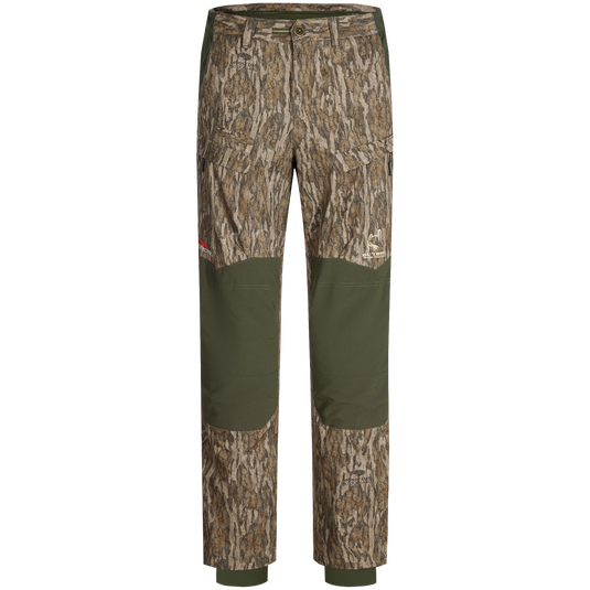 Early Bird Turkey Pant with Insect Repellent, featuring camouflage design, stretch waistband, cargo pockets, and reinforced knees, ideal for enhanced mobility and protection while hunting.