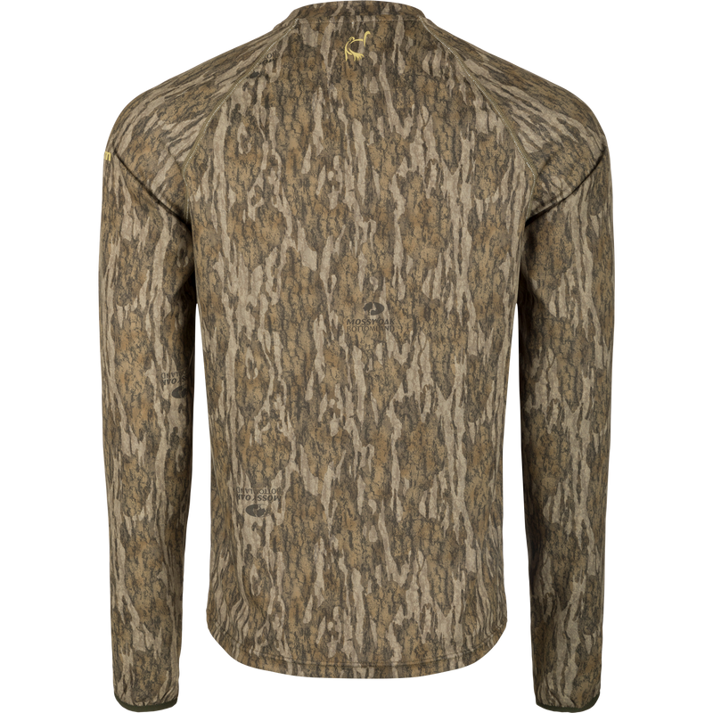 Early Bird Long Sleeve Performance Crew with Insect Repellent, featuring a tree pattern, ergonomic thumbholes, and breathable fabric for outdoor activities.