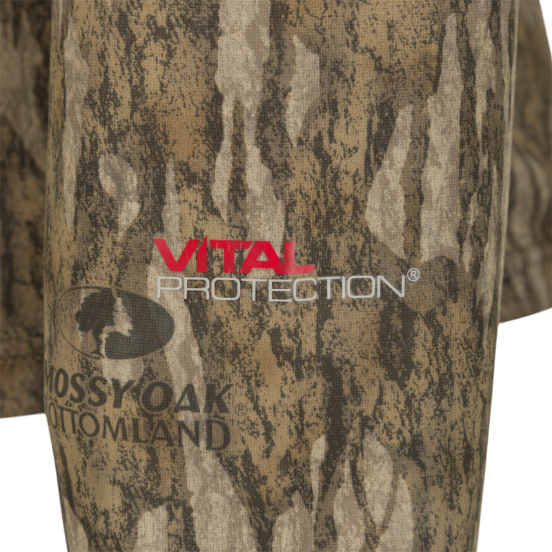 Early Bird Long Sleeve Performance Crew with Insect Repellent featuring a close-up of camouflage fabric, showcasing ergonomic thumbholes and breathable micro vent holes.