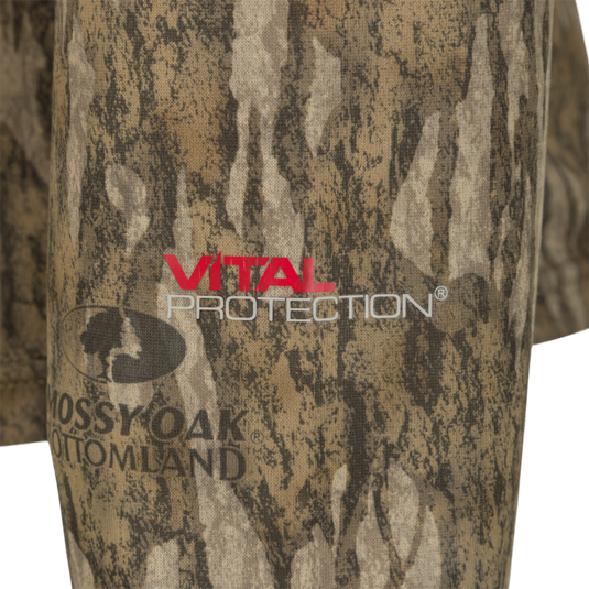 Early Bird Long Sleeve Performance Crew with Insect Repellent featuring a close-up of camouflage fabric, showcasing ergonomic thumbholes and breathable micro vent holes.