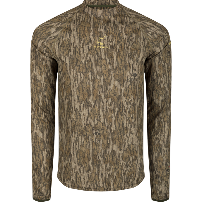 Early Bird Long Sleeve Performance Crew with Insect Repellent features a tree pattern, ergonomic thumbholes, and Vital Protection® technology for outdoor comfort.