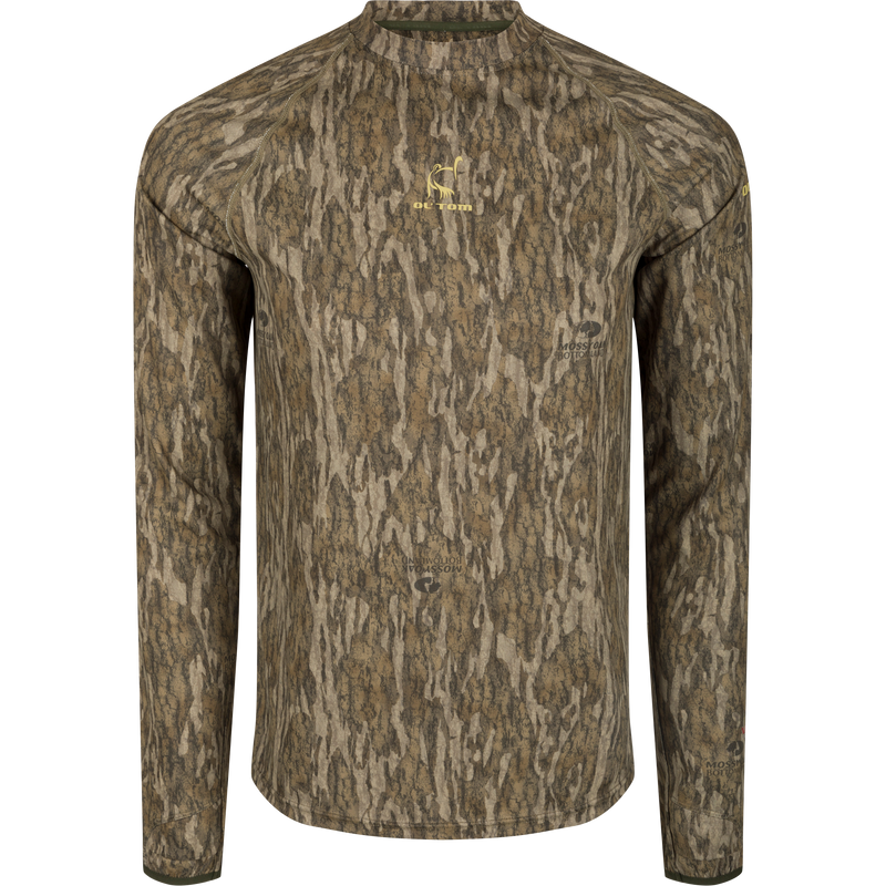 Early Bird Long Sleeve Performance Crew with Insect Repellent features a tree pattern, ergonomic thumbholes, and Vital Protection® technology for outdoor comfort.