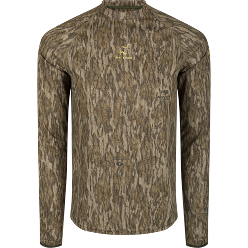 Early Bird Long Sleeve Performance Crew with Insect Repellent features a tree pattern, ergonomic thumbholes, and Vital Protection® technology for outdoor comfort.