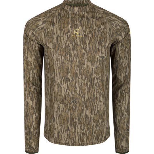 Early Bird Long Sleeve Performance Crew with Insect Repellent features a tree pattern, ergonomic thumbholes, and Vital Protection® technology for outdoor comfort.