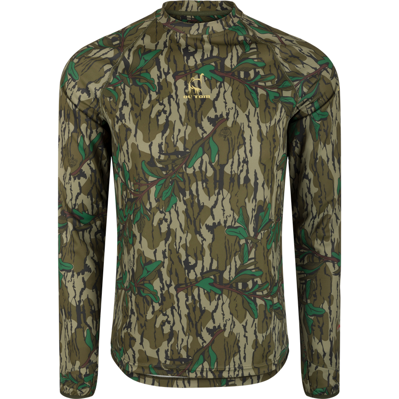 Early Bird Long Sleeve Performance Crew with Insect Repellent featuring camouflage pattern, ergonomic thumbholes, and breathable stretch fabric for outdoor protection and comfort.