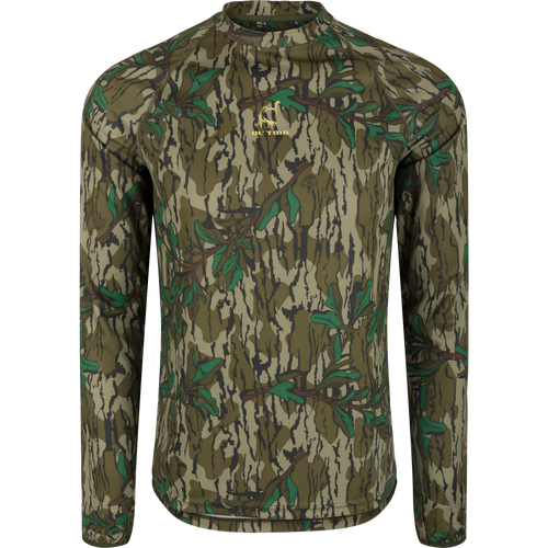 Early Bird Long Sleeve Performance Crew with Insect Repellent featuring camouflage pattern, ergonomic thumbholes, and breathable stretch fabric for outdoor protection and comfort.